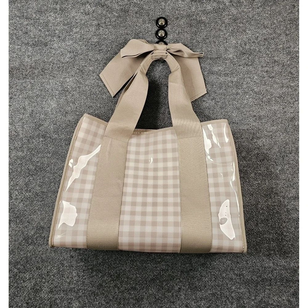 CASE-MATE Beige Gingham Jelly Tote Bag Canvas Handle Bow Accent Waterproof